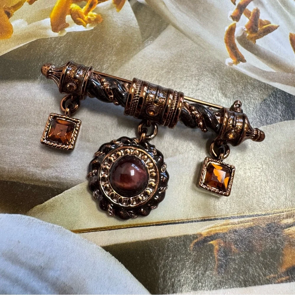 St John Vintage Enamel Bar Pin Brooch Brown Glass Crystal Dangling Charms